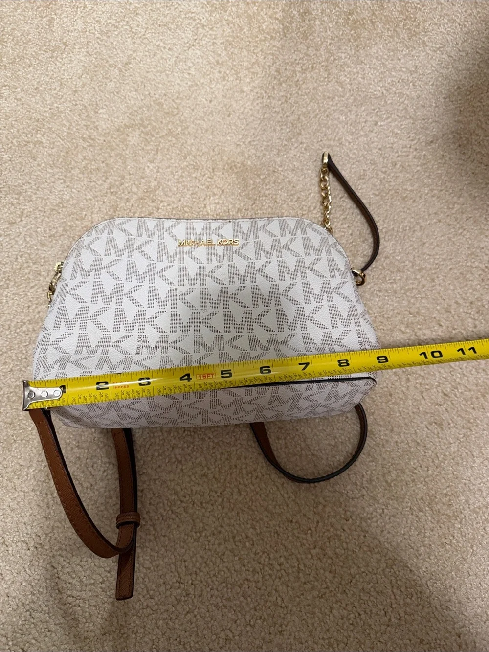 Michael Kors Beige/White Signature Crossbody with Brown Strap